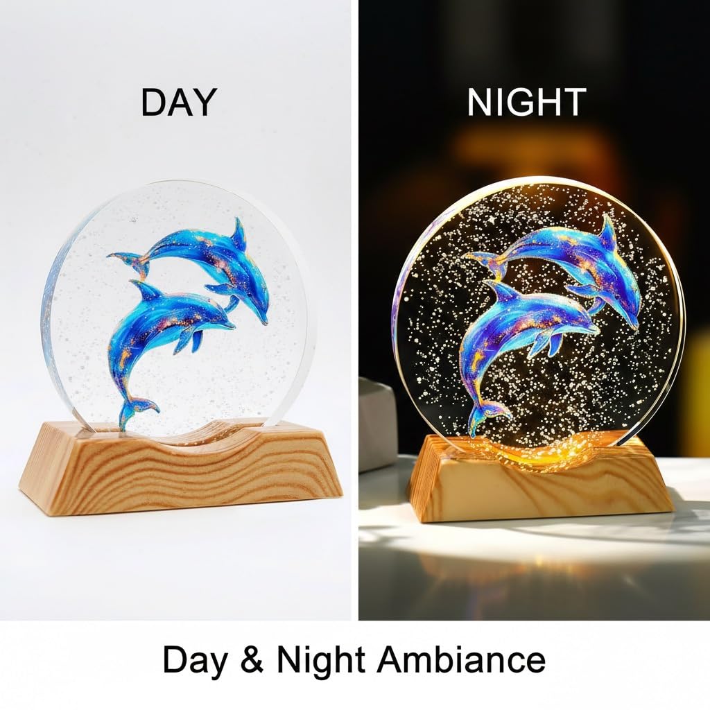 BJSYLTEK K9 Crystal Dolphin Night Light, 10cm Glass LED Lamp with Wood-Grain Style Base, Warm Light Table Desk Lamp, Elegant Home Decor Gift