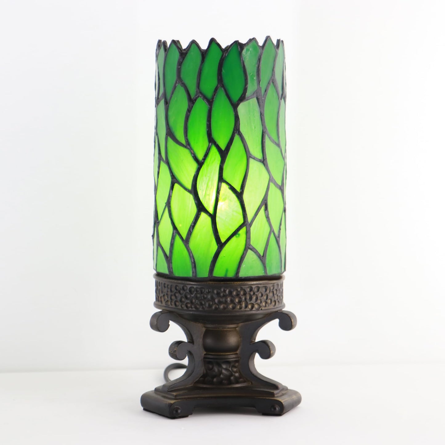 LXHCYOU Small Tiffany Stained Glass Table Lamp Mini Candle Desk Night Light with Bronze Resin Base 4" D x 4" W x 10.5" H Green Wisteria