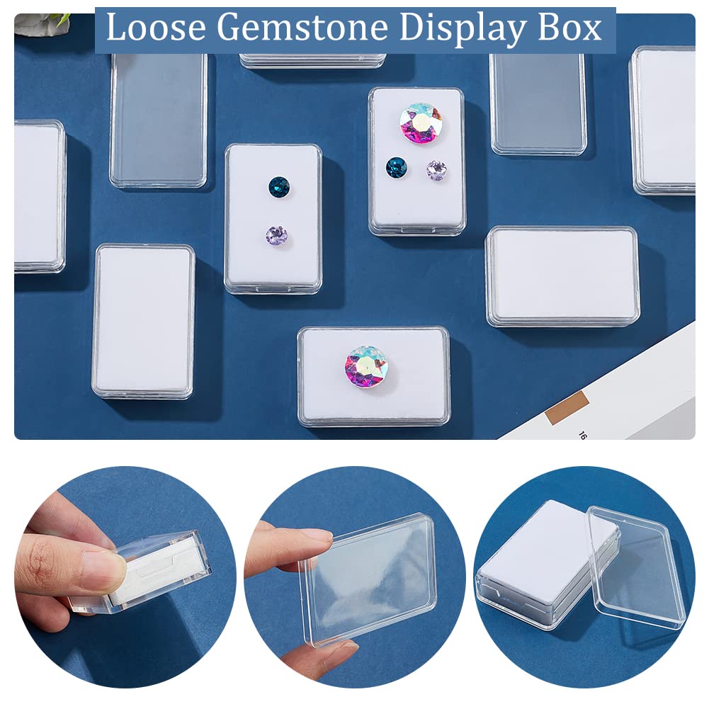 NBEADS 12 Pcs Gemstone Display Box, 1.45x2.24x0.6 Transparent Acrylic Rectangle Jewelry Display Container Diamond Storage Box with Clear Top Lids and White Sponge for Bare Stone Diamond