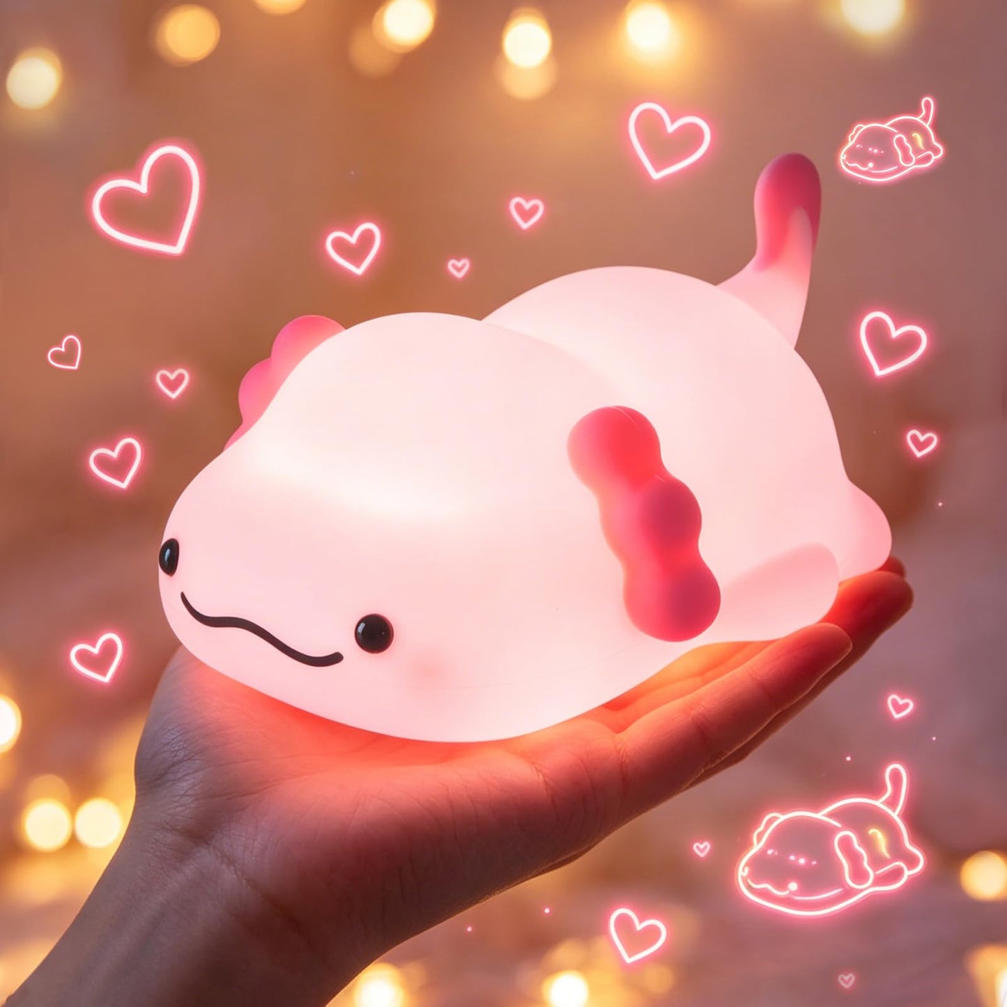 Fuloon Pink Axolotl Night Light, Squishy Silicone Kids Lamp, Safe & Soothing Touch Control for Kids and Babies, USB-C Rechargeable, 30-Min Auto Timer, Gift Idea (Pink Axolotl)