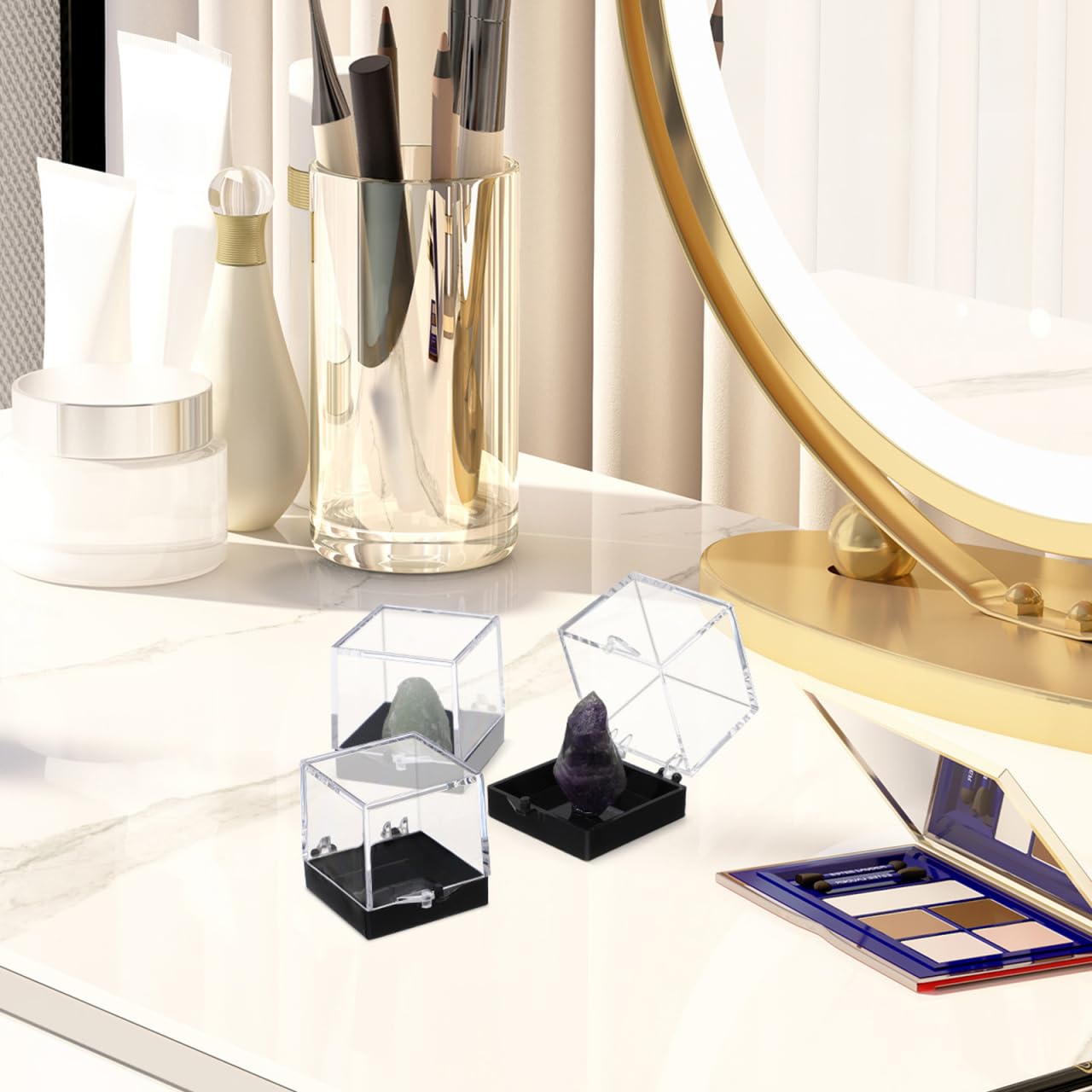 Cabilock 48PCS Mineral Display Boxes, Clear Acrylic Display Box for Rock Agate Slices Crystals Coral, Standard Cube Countertop Showcase Stand with Black Base