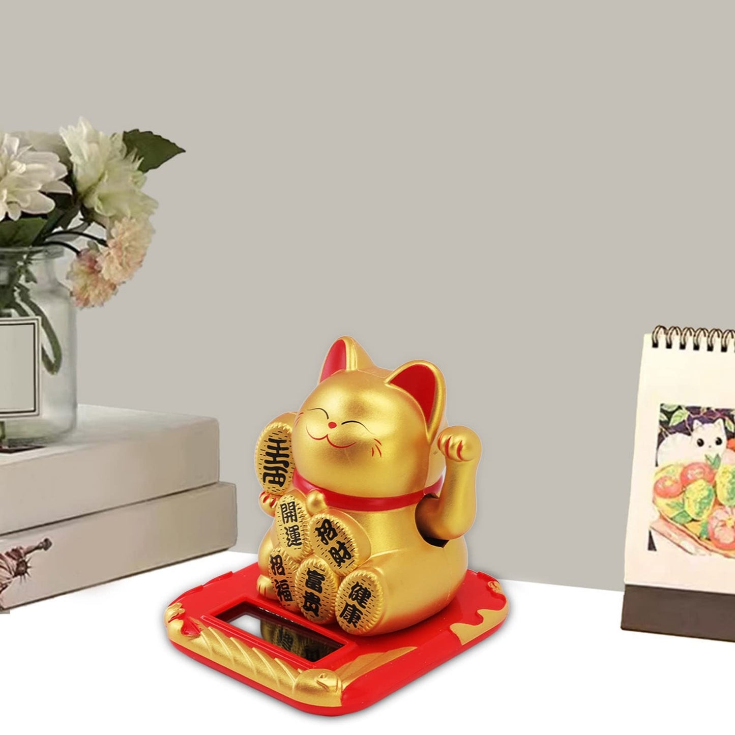 SASKATE Lucky Cat, Solar Powered Lucky Beckoning Maneki Neko Cat, Fortune Cat Statue Feng Shui Ornament for Home Car (Chinese Character Champagne)