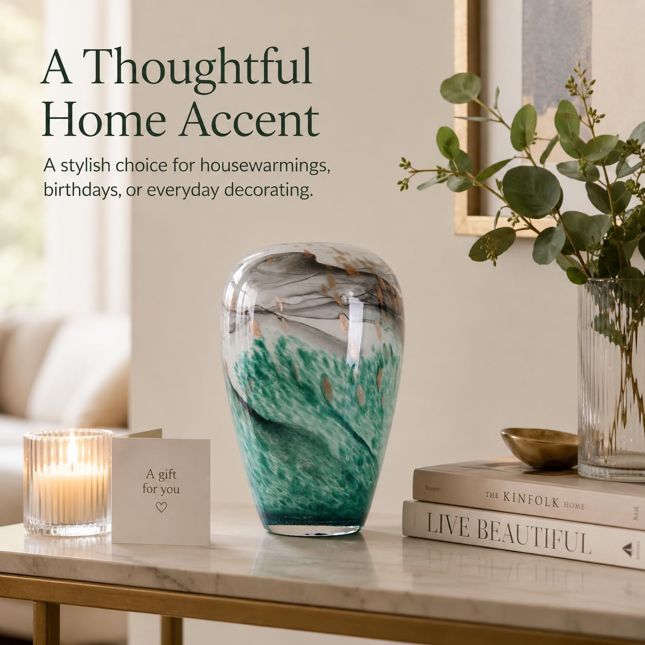 Hand Blown Glass Vase,Green Black Ink Wash Landscape Centerpiece,New Chinese Luxury Home Accent,Pampas Grass Centerpiece, Minimalist Decorative Vase for Dining Table Kitchen Tabletop (Green, Small)