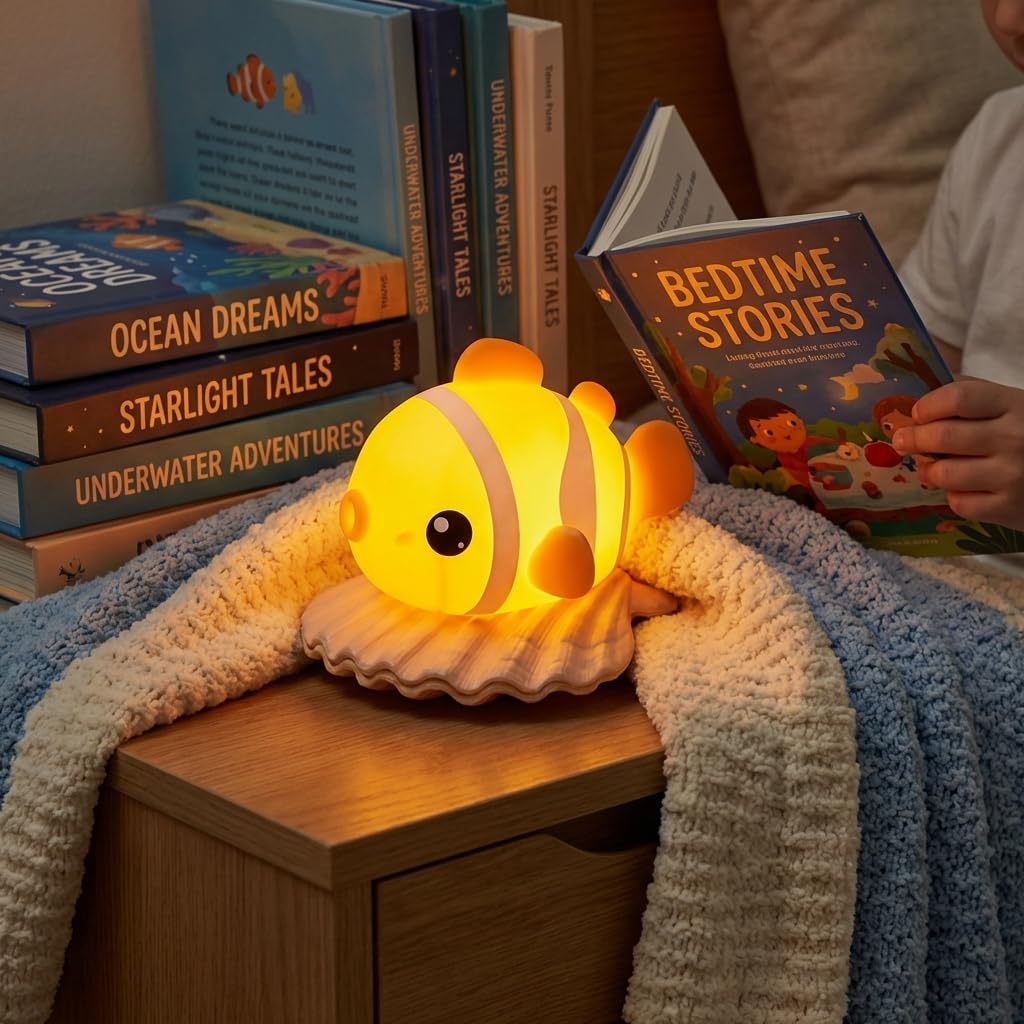 AVACOM Night Light for Kids Toddler Nursery - Cute Clownfish Squishy Silicone Baby Lamp for Bedtime Breastfeeding, Rechargeable Portable Touch Pat Nightlight with 3 Brightness & 30-Min Auto-Off Timer