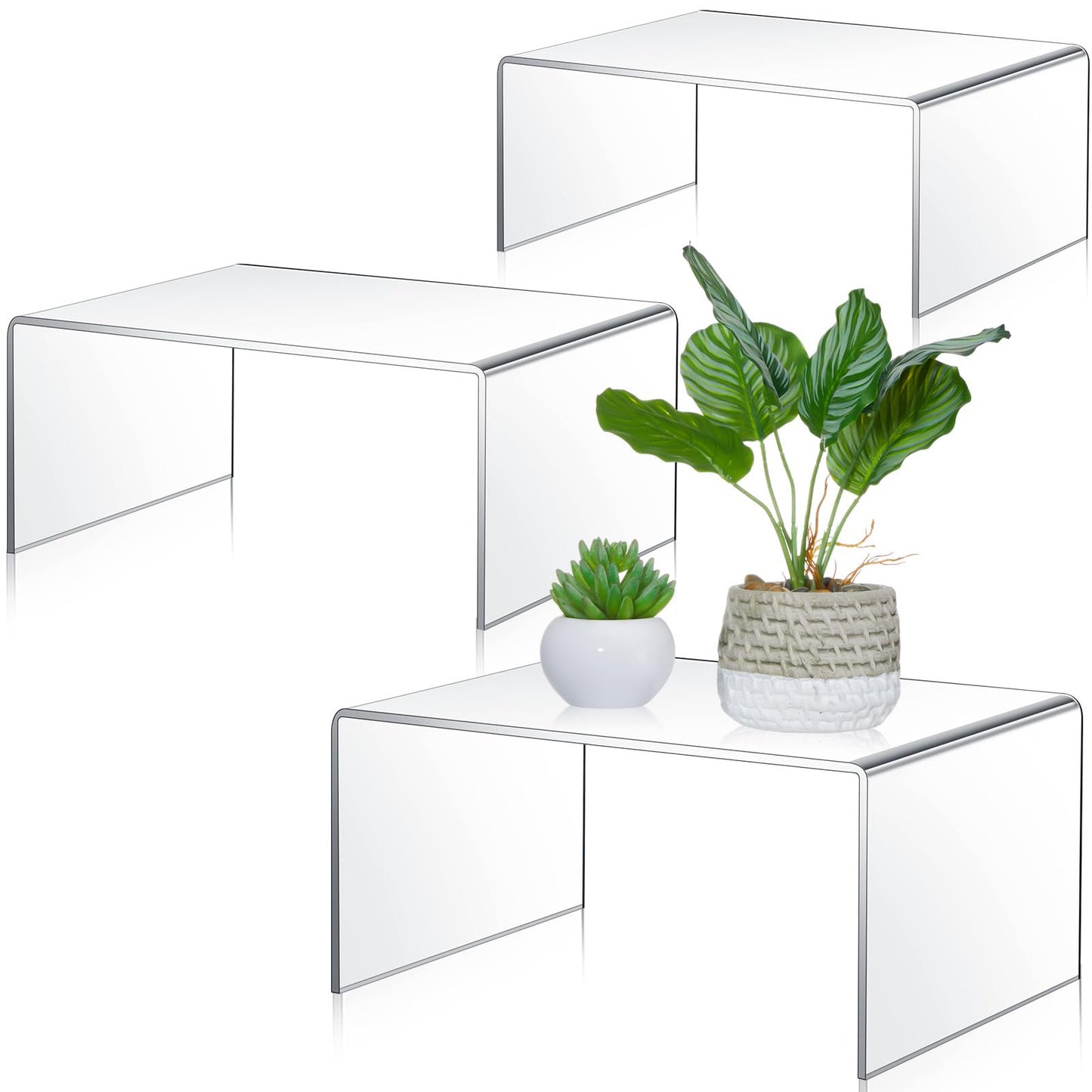 RattanView 3 Pcs Extra Large 12,11,10.25 Inch Acrylic Display Risers Clear Acrylic Shelf Riser Display Stands 5 mm Thick Rectangular for Collectibles Figures