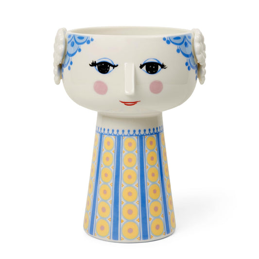 Bjørn Wiinblad Eva Vase | Hand-Painted Glazed Porcelain | Blue Yellow | 7.3 in