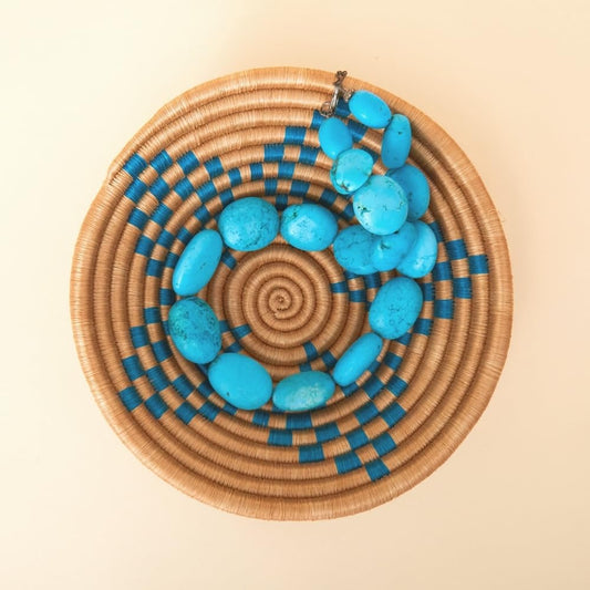Africa in a Basket Small African Decorative Bowl, Turquoise Blue, 7" Wide