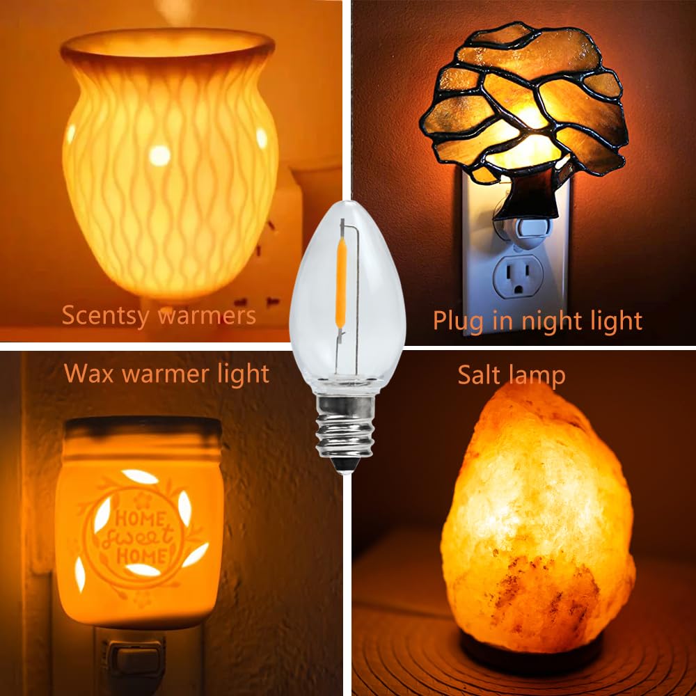 MYEMITTING C7 E12 LED Night Light Bulbs, C7 Replacement LED Light Bulbs, Window Candles & Salt Lamp Bulbs, E12 Chandelier Base, 0.6W Equivalent to 7W, Warm White 2200K, Clear Plastic, 25 Pack