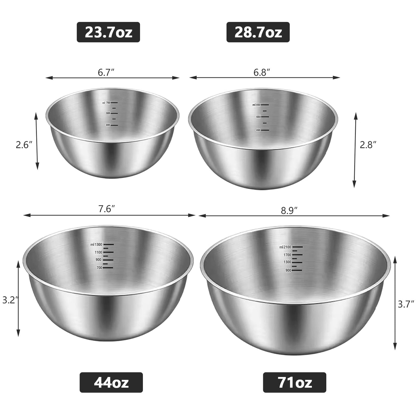 4 Pack Stainless Steel Mixing Bowl Set, Microwave and Dishwasher Safe,Ideal for Baking, Prepping, Cooking and Serving Food