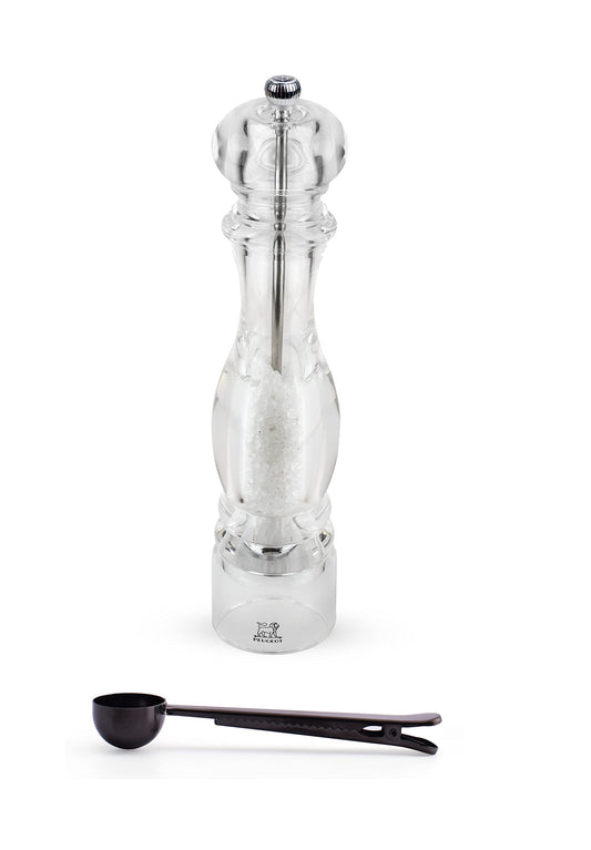 Peugeot - Nancy Acrylic Manual Salt Mill - Transparent Adjustable Grinder Gift Set- With Stainless Steel Spice Scoop/Bag Clip, 12 Inch