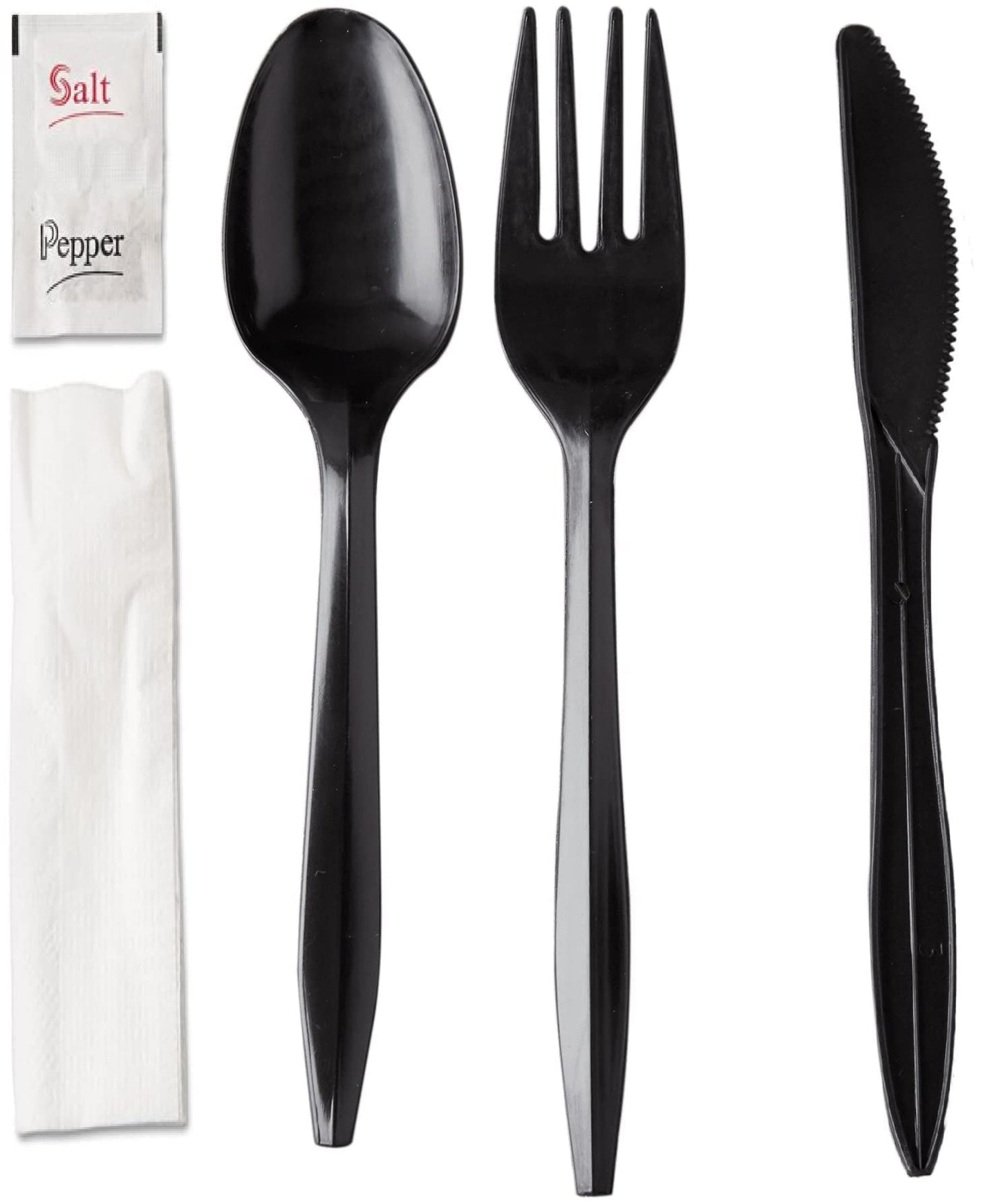 Supellectilem 250 Plastic Cutlery Packets-Knife Fork Spoon Napkin Salt Pepper Sets|Black Silverware Sets Individually Wrapped Kits, Utensil Set Disposable Bulk To Go, 250-BCP-KFSSP