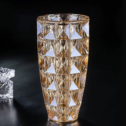 Unique Diamond-Shaped Amber Color Glass Flower Vase 11.8" Tall for Home Decor, Dining Wedding Table Office Holiday Party Centerpiece Decoration.