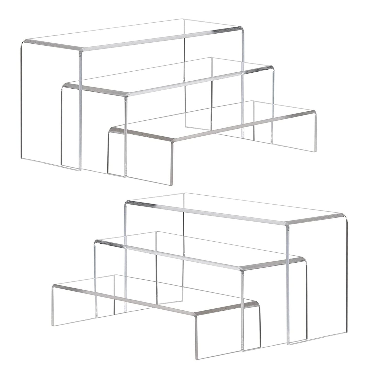 ANDGOO Large Acrylic Display Risers, 2 Sets(11.2”L~11.6”L~12”L) Clear Rectangular Showcase Collectibles Display Shelf, Retail Desktop Risers Display Stand for Organize and Decoration