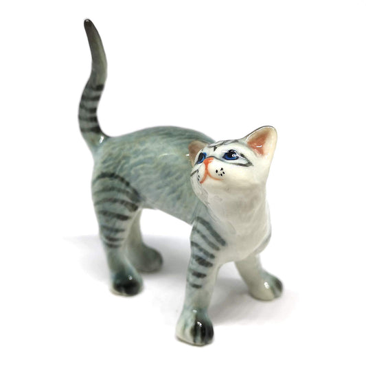 ZOOCRAFT Ceramic Cat Figurine Miniatures Stretching Gray Pet Lovers Collectibles Hand Painted Animal Poecelain