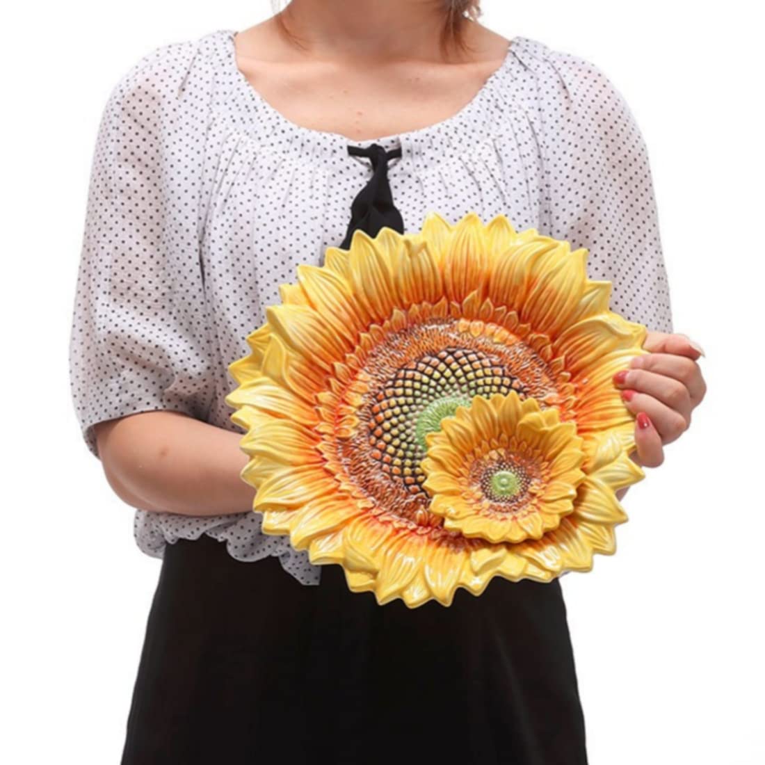 FORLONG Ceramic Chip & Dip Platter,11 inches Double Layer Hand-painted Yellow Decorated Plate -Sunflower