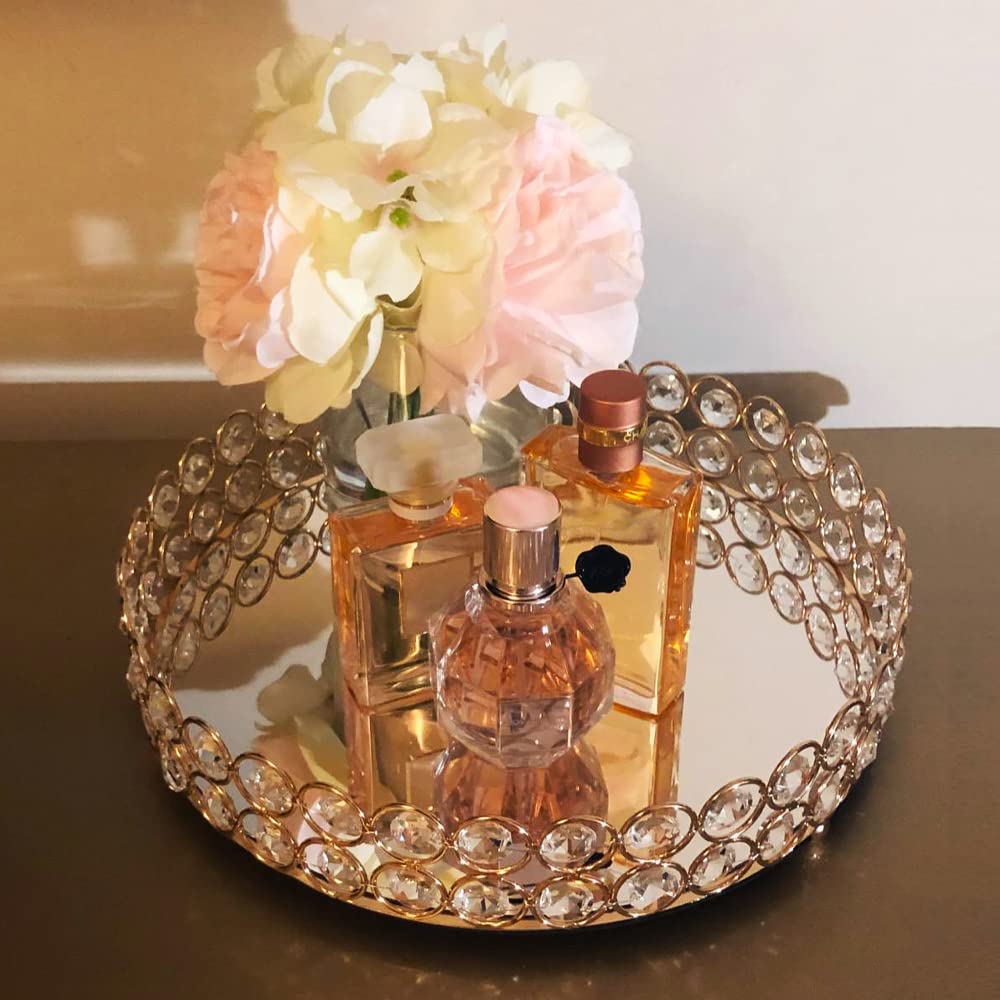 LINDLEMANN Crystal Decorative Tray Metal Mirrored Perfume Cosmetic Organizer Jewelry Trinket Display Storage Vanity Trays Home Décor Accents Luxury Gift (Round, 10in, Gold)