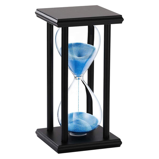 SuLiao Wood Hourglass 60 Minute, Black Wooden Stand Sand Timer Clock, Blue Sand Watch 60 Min, Antiguo Reloj De Arena 1 Hora, Large Unique One Hour Glass Sandglass for Home, Desk, Office Decorative
