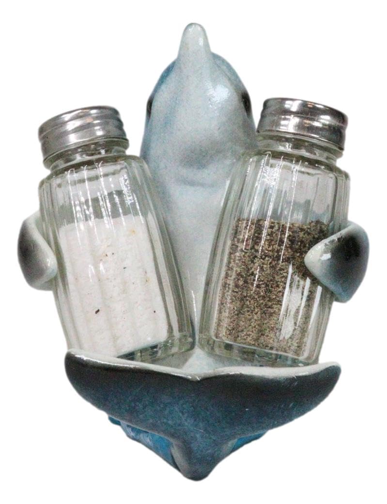 Ebros Gift Nautical Ocean Marine Blue Dolphin Riding Sea Waves Hugging Salt And Pepper Shakers Holder Figurine Stand For Coastal Beach Marine Wildlife Dolphins Enthusiasts
