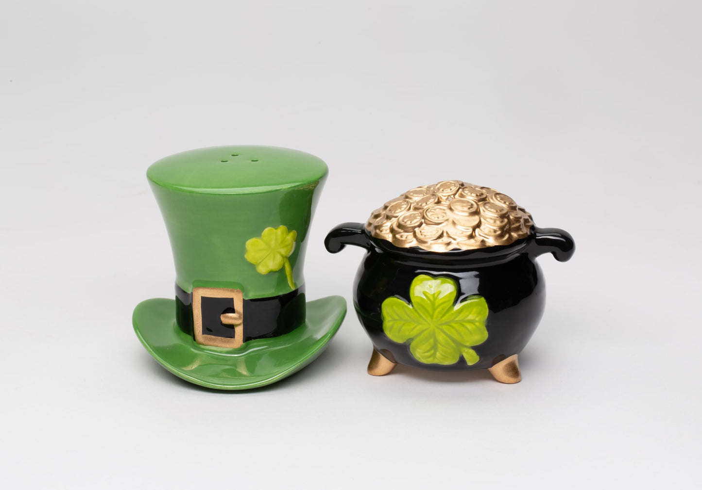 Fine Ceramic St Patrick's Irish Top Hat & Pot of Gold Salt & Pepper Shakers, 4-3/4" H