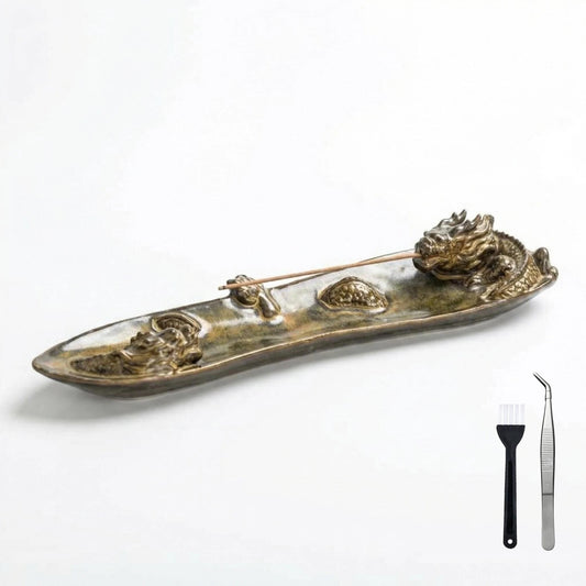 MENORISK Incense Holder for Sticks, Chinese Dragon Ceramic Incense Holder with Tweezer & Brush – Zen Home Decor for Meditation, Yoga, or Tea Ceremony