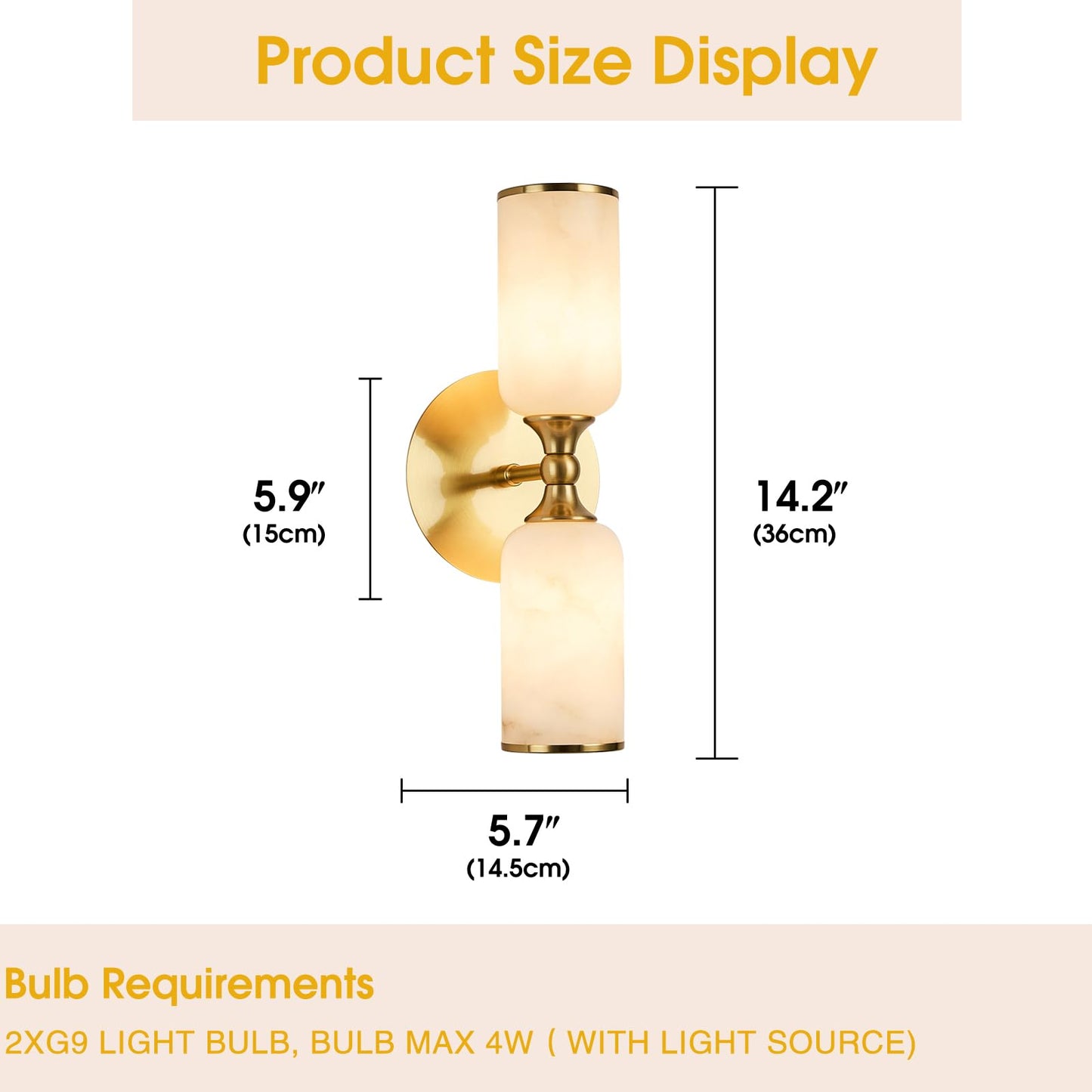 Fanyank 14.2Inch Natural Alabaster Wall Sconce, Nordic Style Natural Stone Wall Lamp, Marble Lampshade Up and Down Lighting Fixtures for Bedroom Living Room Kitchen Stairs Gold