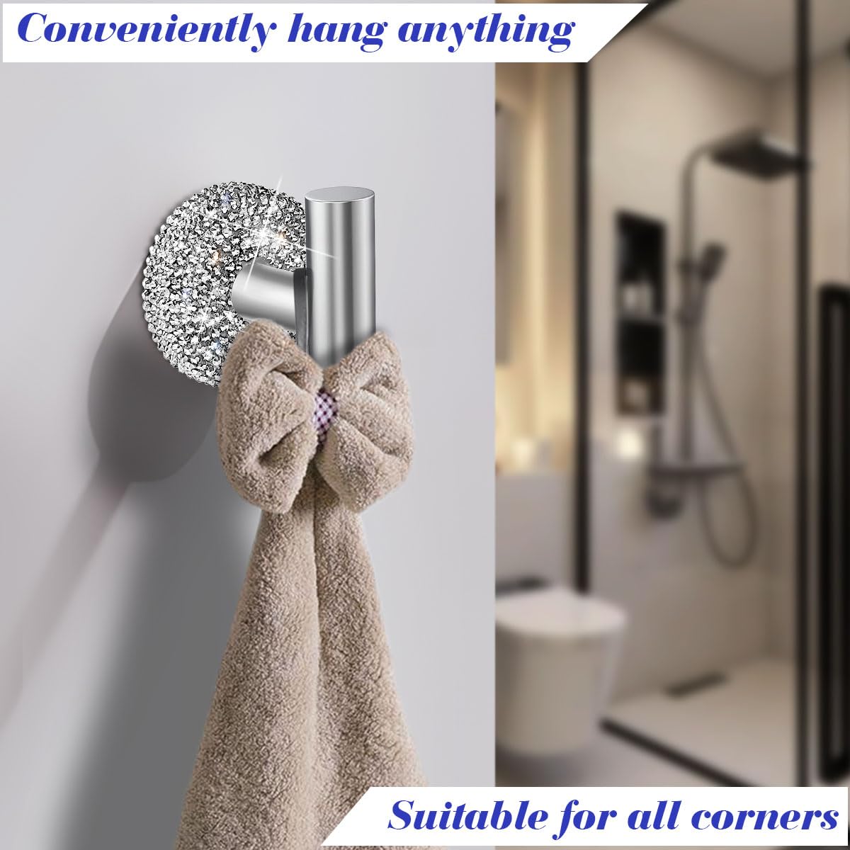 Mifoneix 2 Pack Shine Bathroom Towel Hooks Wall Mount Glitter Hooks Sparkle Silver Towel Racks Coat Hooks, Heavy Duty Robe Hook Holder for Home Living Room Office Hotel