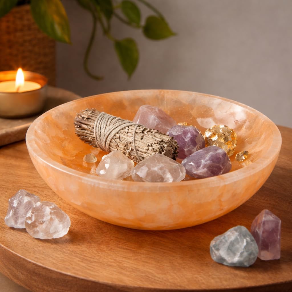 Soul Sticks Selenite Crystal Bowls for Smudging, Healing, Recharging Crystals | Pure Selenite Smudge Bowl & Crystal Charging Station Ethically Sourced in Morocco, Orange (3 Inch)