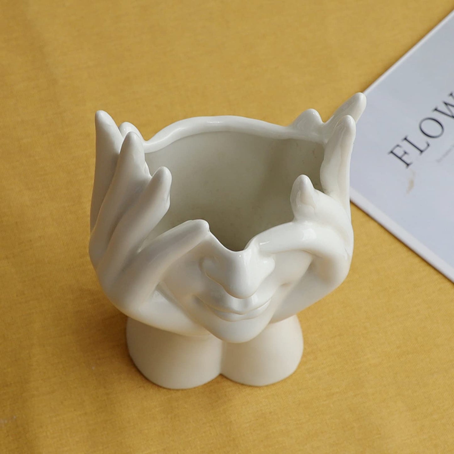 Human Form Body Flower Vase Art Face Ceramic Sculpture Flower Plant Pot Table Centerpieces Wedding Office Kitchen Home Decor (Hand Holding Face)