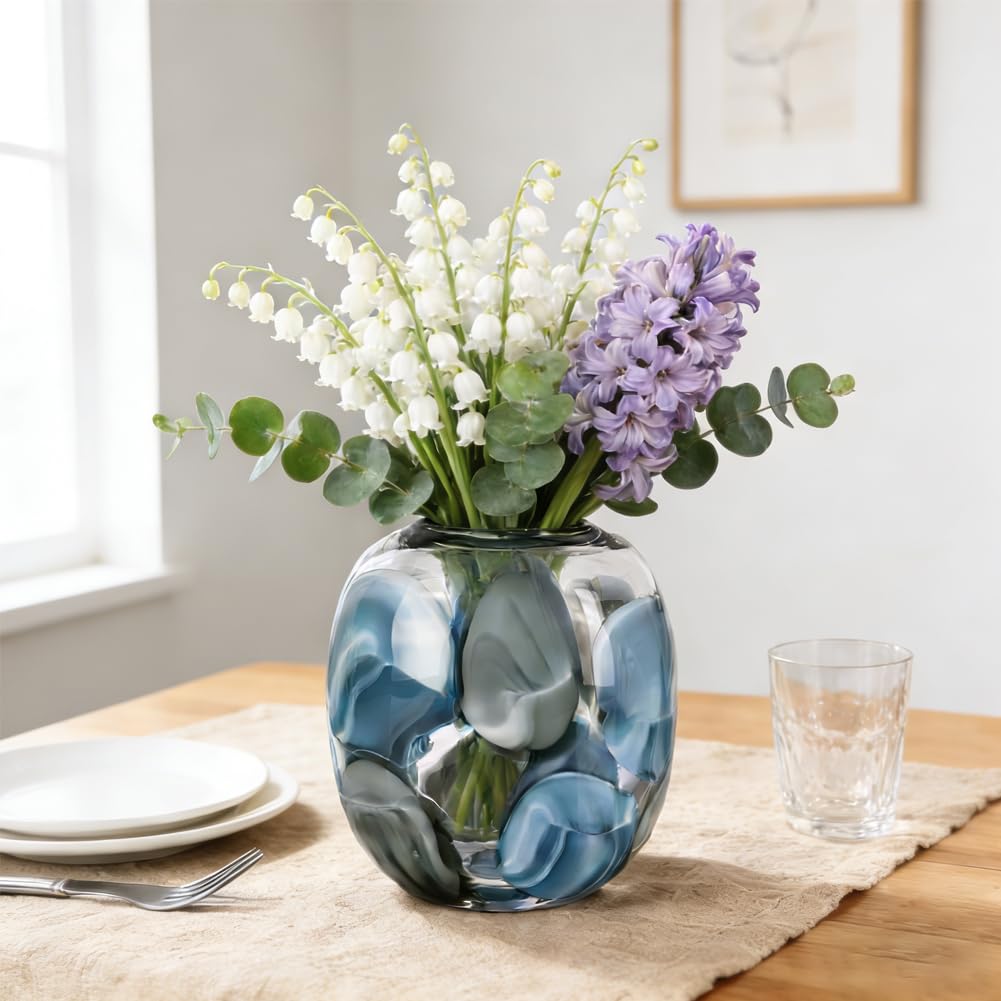 Hand Blown Blue Glass Vase, 8.5 in Round Wide Mouth Blue Gray Vase, Decorative Glass Vase for Flowers, Coastal Home Decor Centerpiece for Table, Shelf, Entryway, in The Bathroom, or Living Room