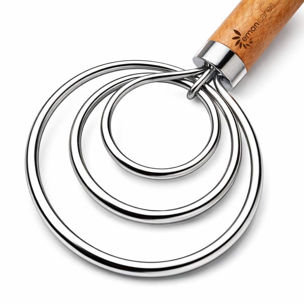 Eman Cares Danish Dough Whisk for Sourdough – Thick Stainless Steel Dutch Whisk with Ergonomic Oak Handle – Heavy-Duty Dough Mixer for Bread & Baking