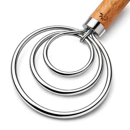 Eman Cares Danish Dough Whisk for Sourdough – Thick Stainless Steel Dutch Whisk with Ergonomic Oak Handle – Heavy-Duty Dough Mixer for Bread & Baking