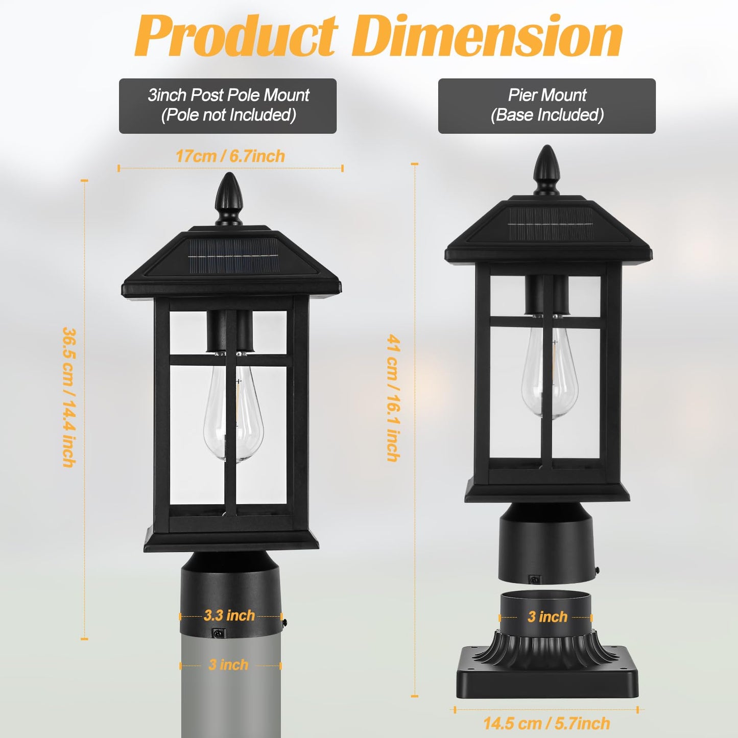 Brilvibera Solar Post Lights 2 Packs, Waterproof Post Lantern with Pier Mount Base, Aluminum Post Lamp Warm White Bulb Included for Yard Garden Pillar Pole Pathway