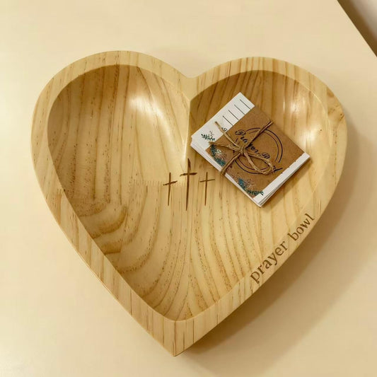 JimZePong Heart Prayer Bowl with 24 Cards, Christian Heart Shaped Wooden Dough Bowl, Handcrafted Prayer Request Bowl, Religious Gift for Women, Mom, Baptism, Church, Thanksgiving & Christmas Decor