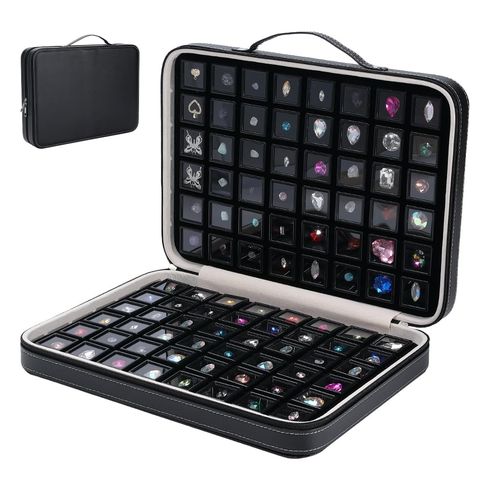 PH PandaHall 96pcs Gemstone Storage Box 1.1" Diamond Displays Tray Leather Crystal Collection Box Black Gem Jars Jewelry Organizer Container with Foam Insert for Rhinestone Beads Showcase Collectibles