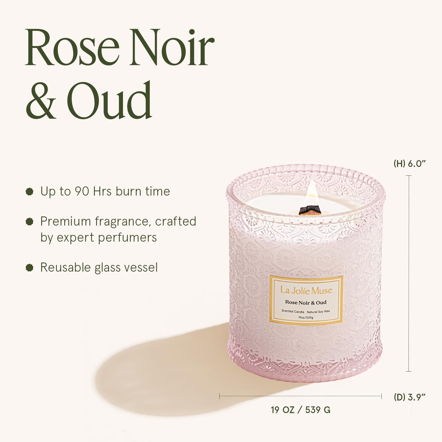 LA JOLIE MUSE Rose Noir & Oud Scented Candles for Home, 19 oz Natural Soy
