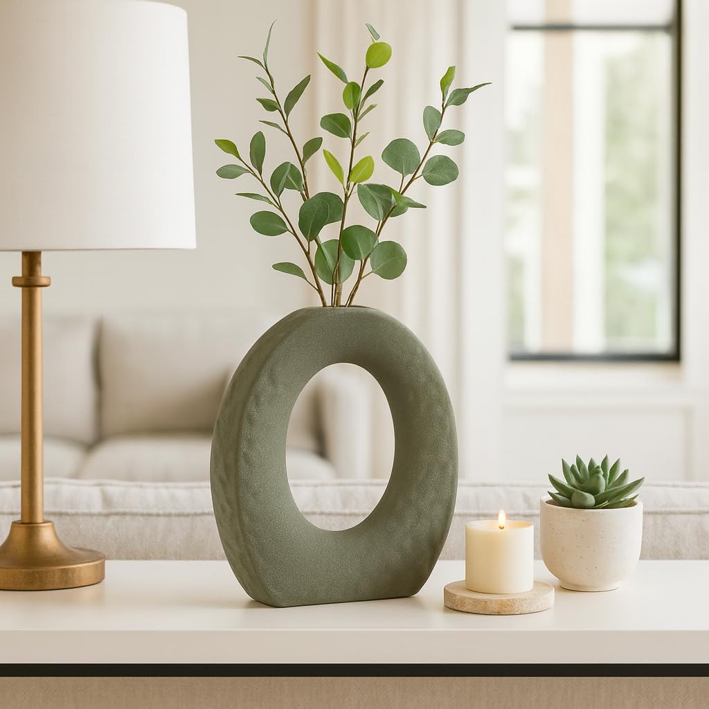 Sculpted Open Cut Out Ceramic Vase for Living Room Decor - Decorative Flower Vase for Bedroom, Home Accents, or Office Display - Ideal House Display for Shelf and Console Table - 11", Green