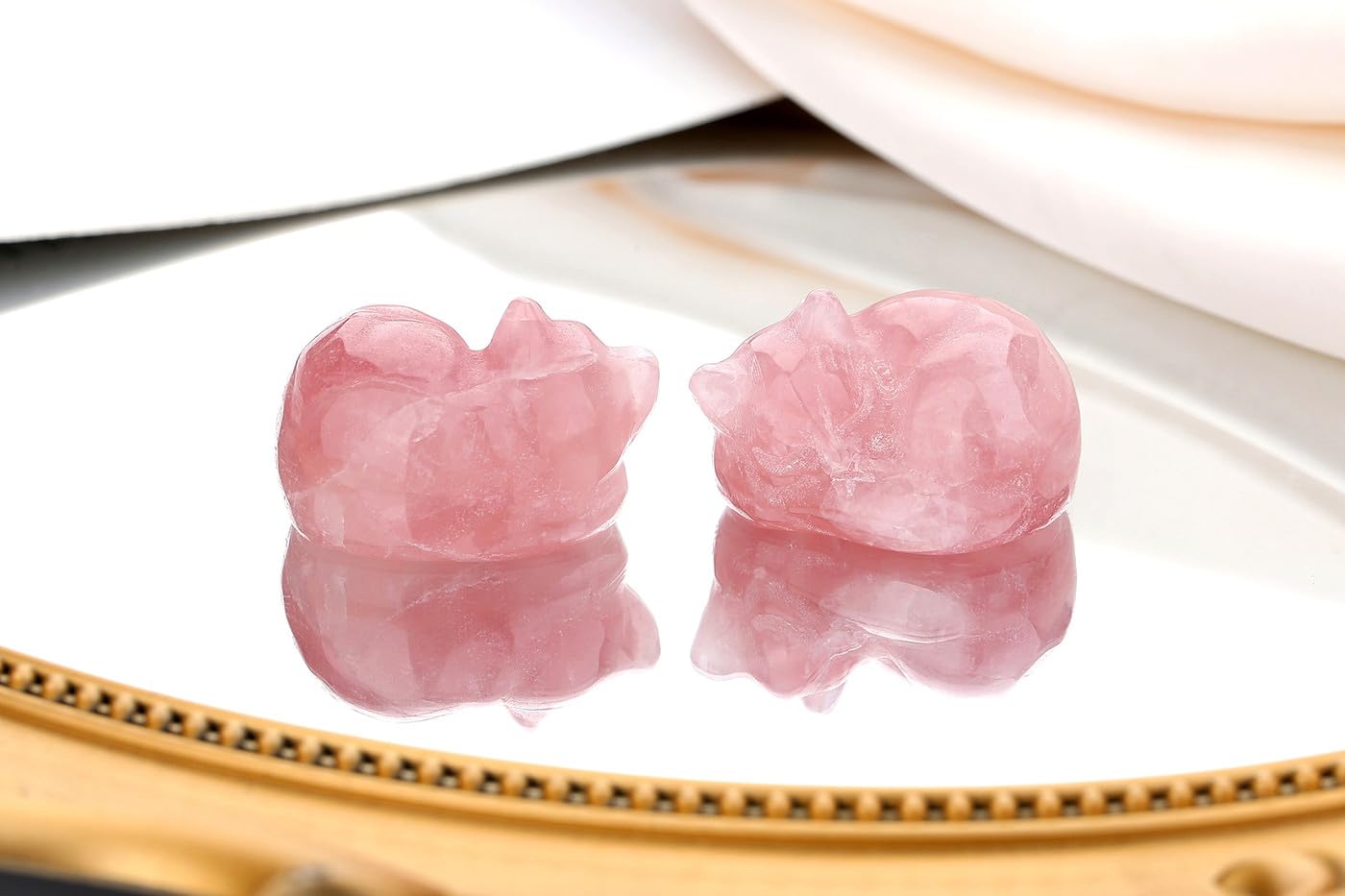 QINJIEJIE 2'' Rose Quartz Cat Figurines Natural Stone Statue Healing Crystals Gift Gemstone Sculpture Room Home Desk LuckyDecoration Cat Gifts for Women