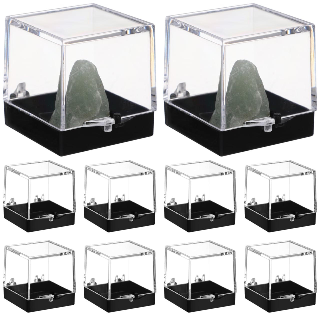 Cabilock 48PCS Mineral Display Boxes, Clear Acrylic Display Box for Rock Agate Slices Crystals Coral, Standard Cube Countertop Showcase Stand with Black Base