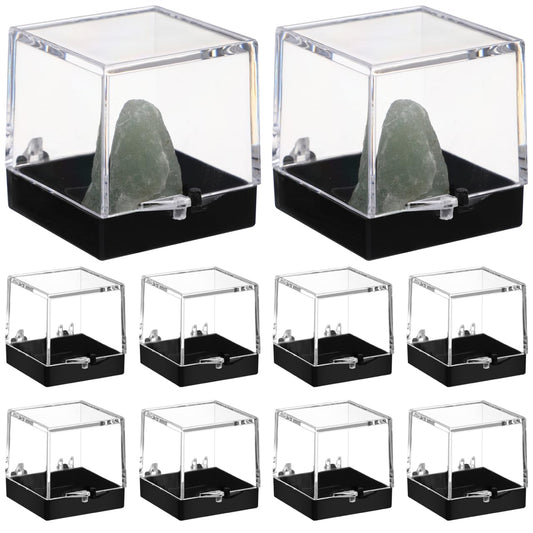 Cabilock 48PCS Mineral Display Boxes, Clear Acrylic Display Box for Rock Agate Slices Crystals Coral, Standard Cube Countertop Showcase Stand with Black Base
