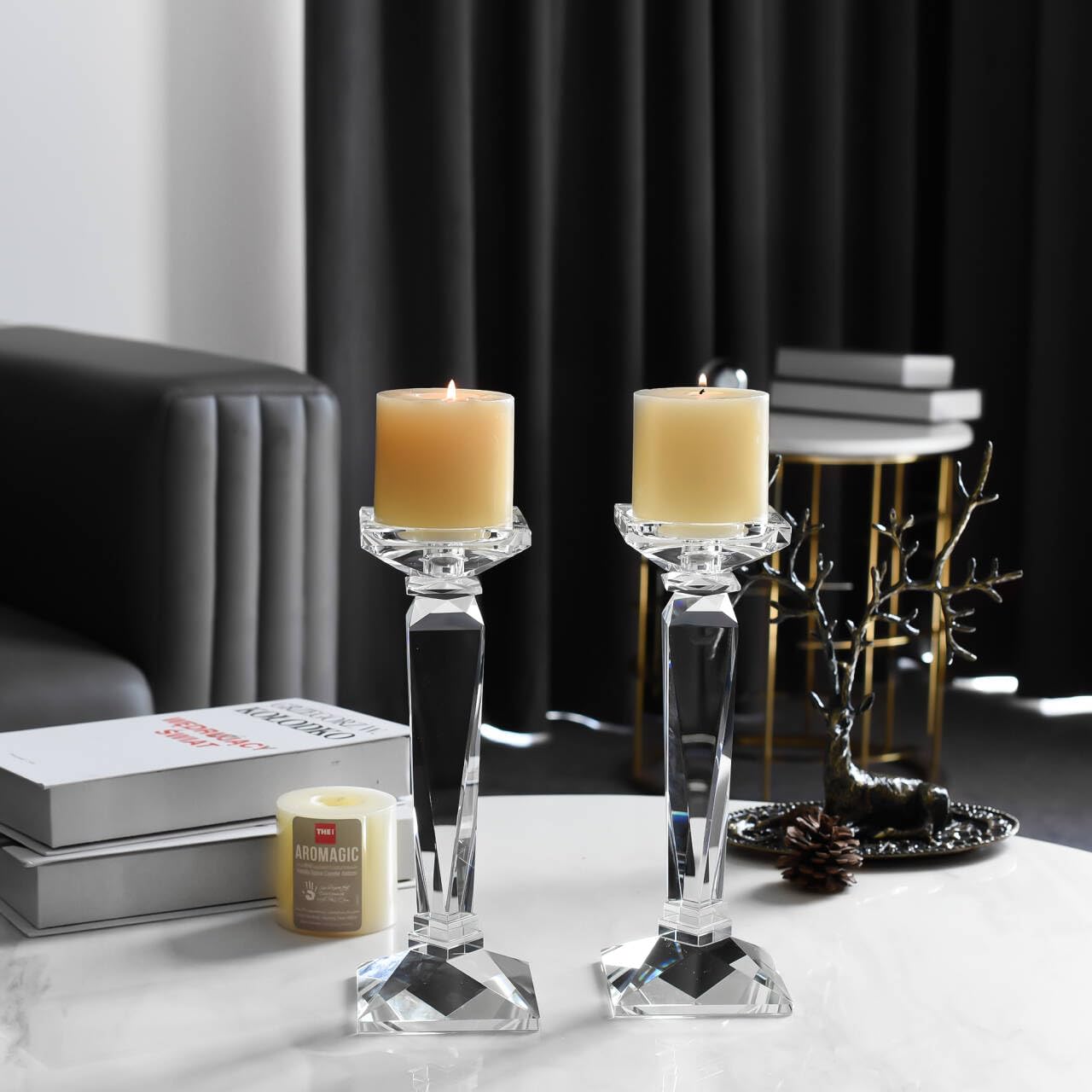 DONOUCLS 2-Pack Crystal Candlestick Holders, Clear Crystal Taper/Pillar Candles Holders,Table Centerpiece Home Decorative Candle Holders for Wedding, Dining, Party(10.6in Tall)