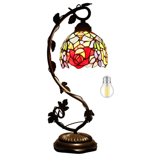 WERFACTORY Tiffany Table Lamp Rose Style Stained Glass Reading Desk Light
