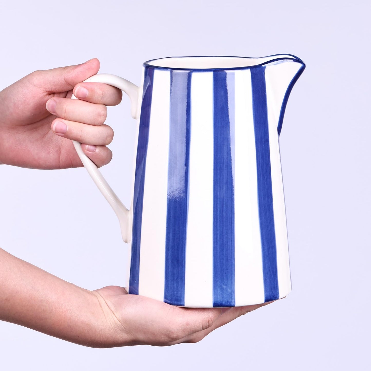 oliruim Ceramic Blue and White Pitcher Vase with Handle, Hand Painted Farmhouse Boho Pottery Jug for Decor Table Centerpiece, Kitchen, Home Desktop Decor Vase (Stripes)