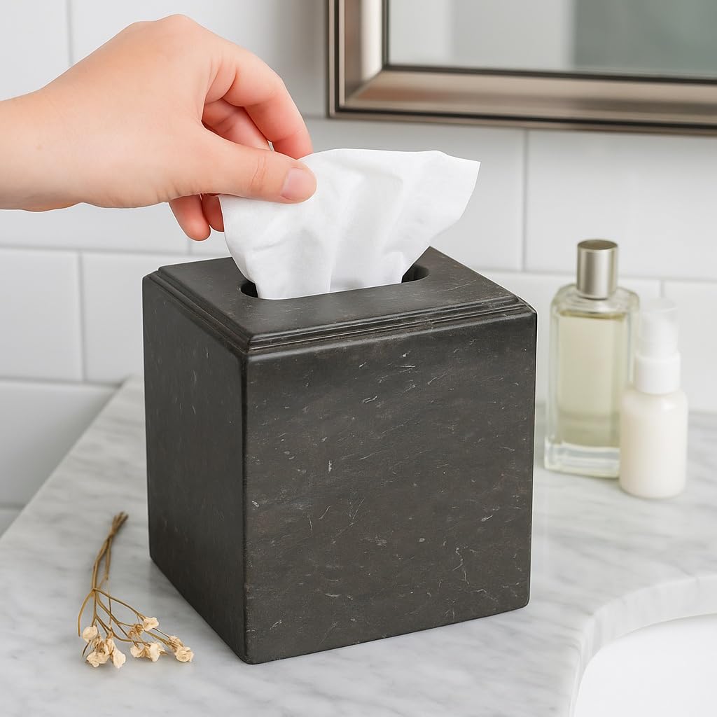 Creative Home Natural Charcoal Marble Square Tissue Box Cover, Dark Grey