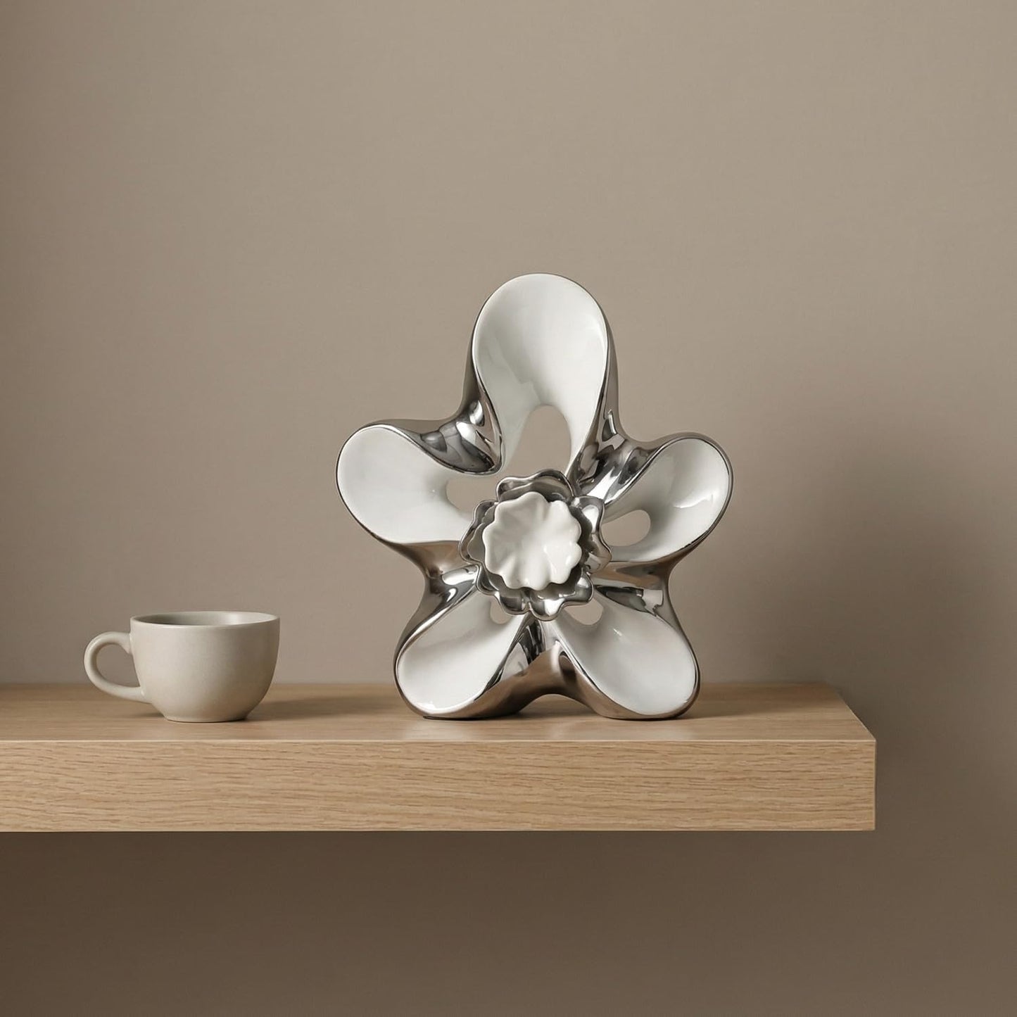 Dneuoir Ceramic Statue Home Decor Aesthetic Abstract Flower Sculpture Modern Decorative Statues for Living Room Bedroom Bookshelf Desktop Dinging Table Centerpiece Office(White and Silver)
