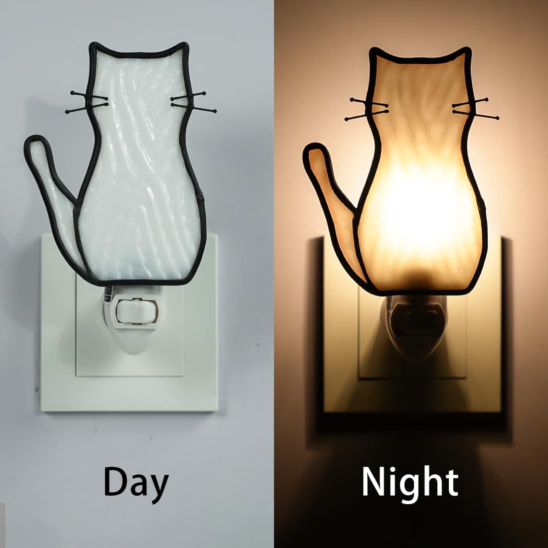BOXCASA White Cat Night Light Stained Glass Lamp Warm Yellow Plug in