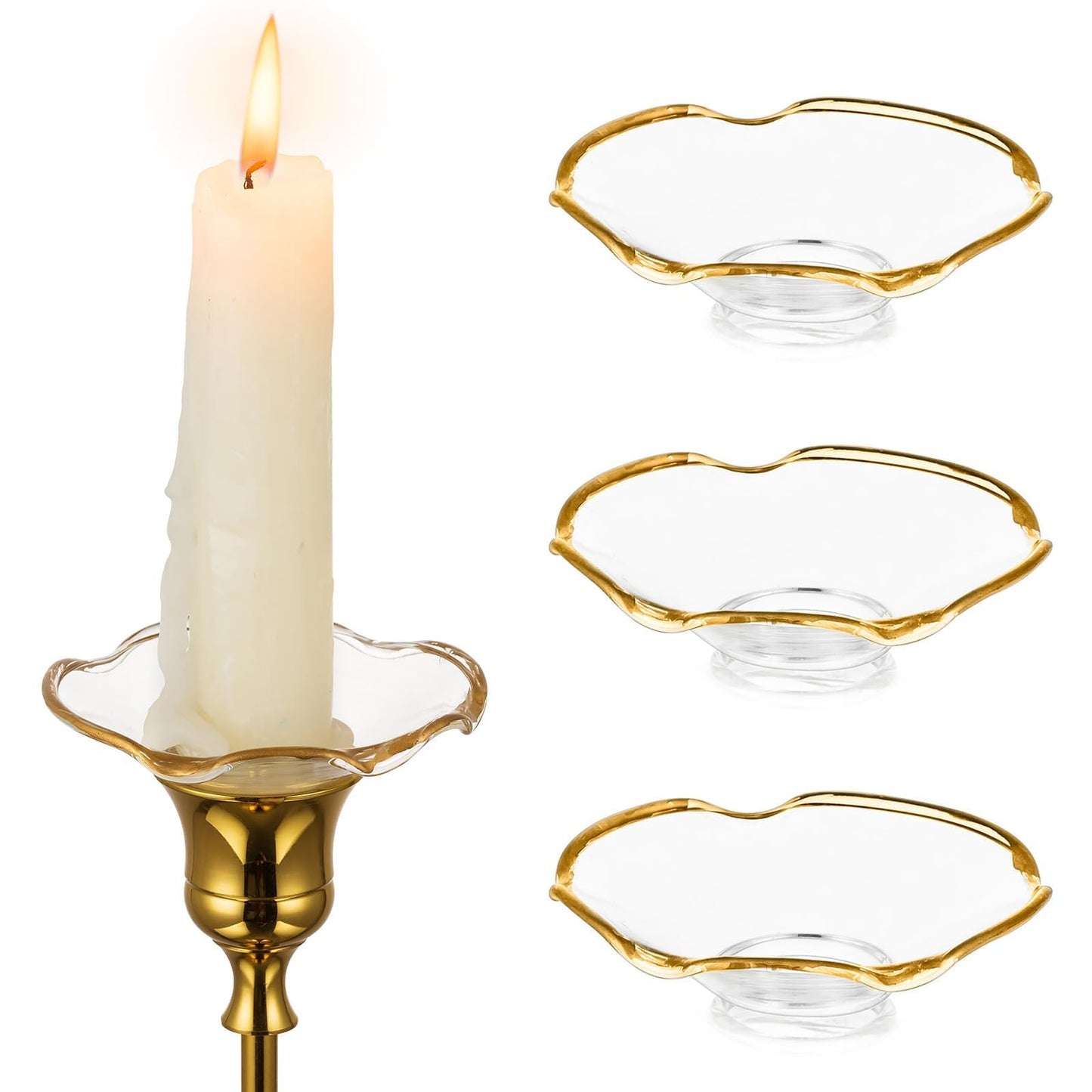 Hewory Glass Bobeches for Candlestick Holders, 3 PCS Candle Drip Protector Rings for Taper, Candle Drip Catcher for Candle Stick Candle Holder for Wedding Party Church Home (Scallop, Gold Rim)