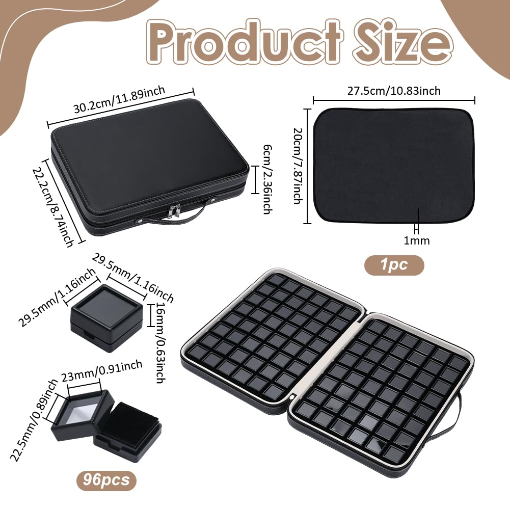 PH PandaHall 96pcs Gemstone Storage Box 1.1" Diamond Displays Tray Leather Crystal Collection Box Black Gem Jars Jewelry Organizer Container with Foam Insert for Rhinestone Beads Showcase Collectibles