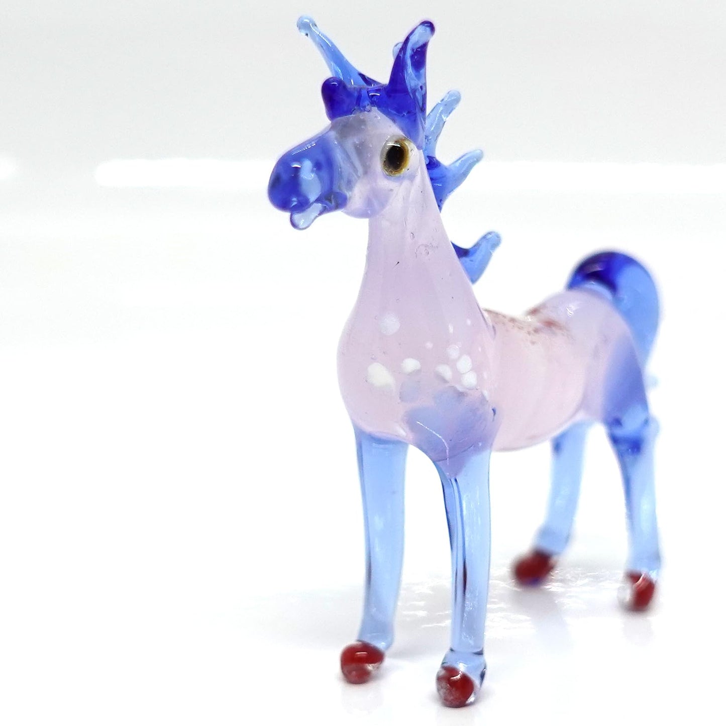 Sansukjai Horse Miniature Figurine – Handmade Blown Glass Art – Tiny Animal Collectible Sculpture – Unique Home Decor Gift (Blue Pink)