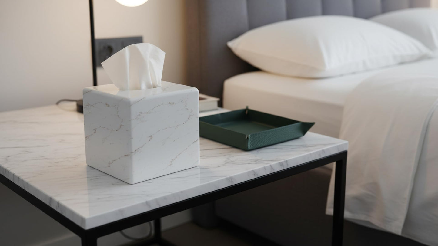 Huitony Square Tissue Box Cover Decorative Kleenex Box Holder for Bathroom & Living Room with Handcrafted Texture (Marble-B)