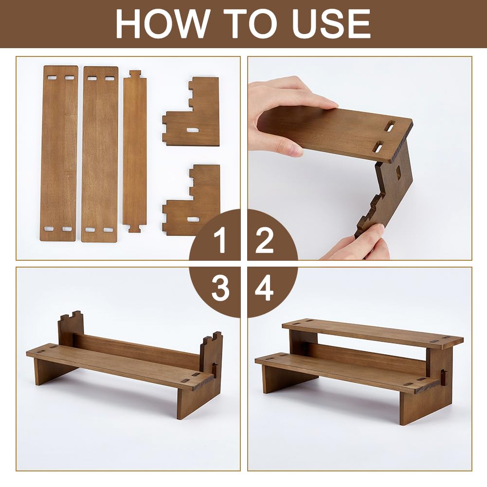 NBEADS 2-Tier Wooden Display Riser Shelf, 4.69x11.65x3.78 Inch Camel Tabletop Small Food Stand Risers Display Makeup Step Perfume Organizer for Fragrance Cosmetics Figure Collection